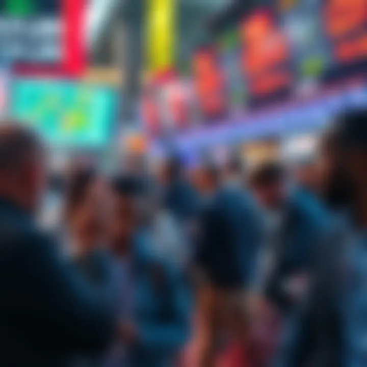 People reacting to market fluctuations, showing contrast between a small loss and a large investment holding during a downturn.