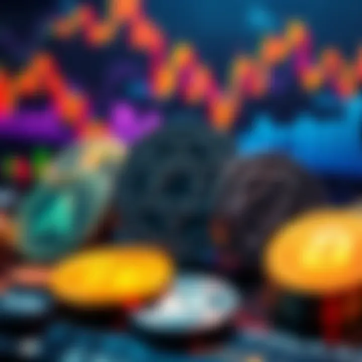 A visual representation of cryptocurrency coins ATOM, INJ, OSMO, and TIA with market trend graphs in the background