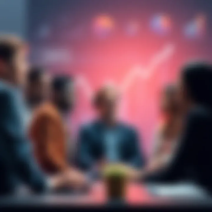 A group of diverse people discussing the potential impact of the Clarity Act on market values, with charts and graphs in the background showing upward trends.