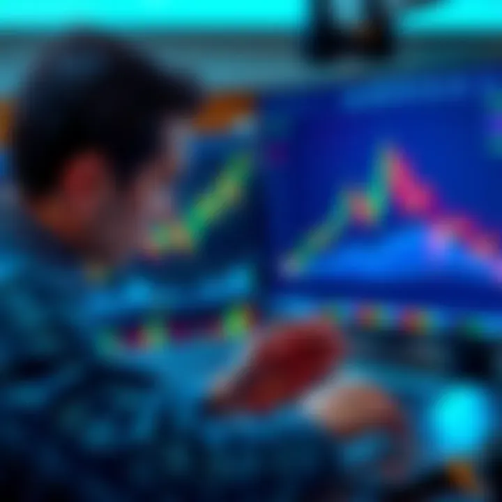 An investor analyzing stock trends on a digital screen with vibrant charts and graphs in the background.