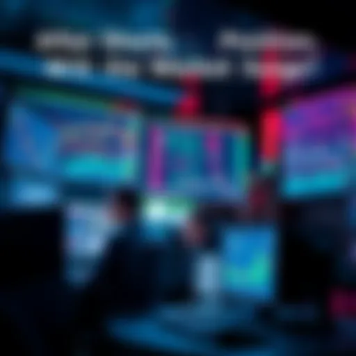 Traders analyzing charts and stock trends on computer screens, discussing potential market movement after short positions.