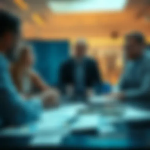 People discussing market trends with charts and dollar bills on a table