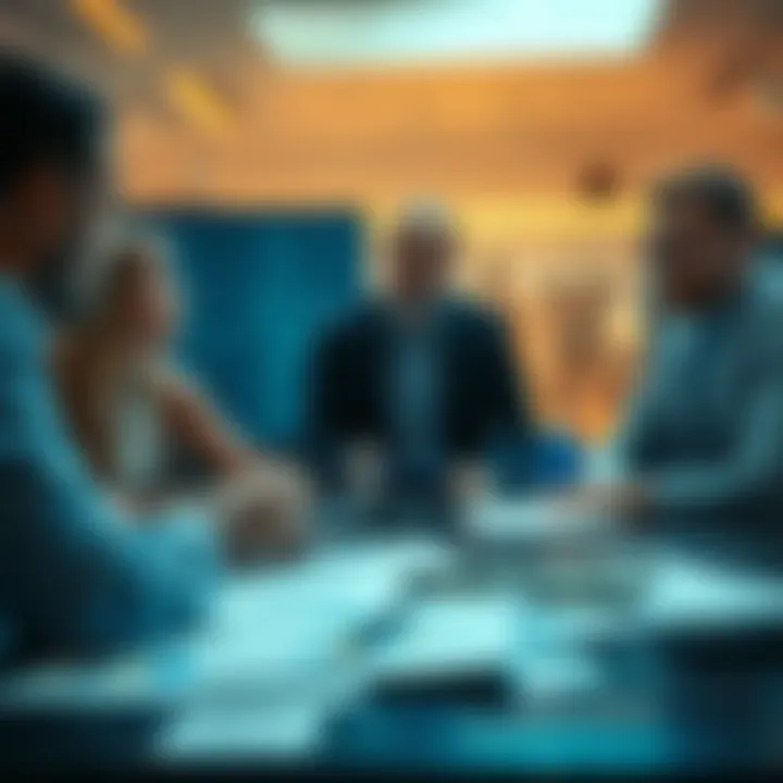 People discussing market trends with charts and dollar bills on a table