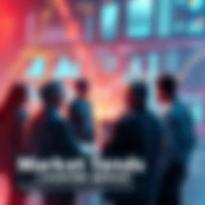 A group of people discussing market predictions and trends, with charts and graphs in the background.