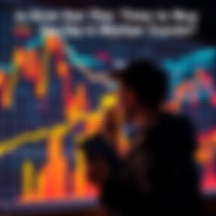 A graph showing rising and falling market trends with a person considering investment options