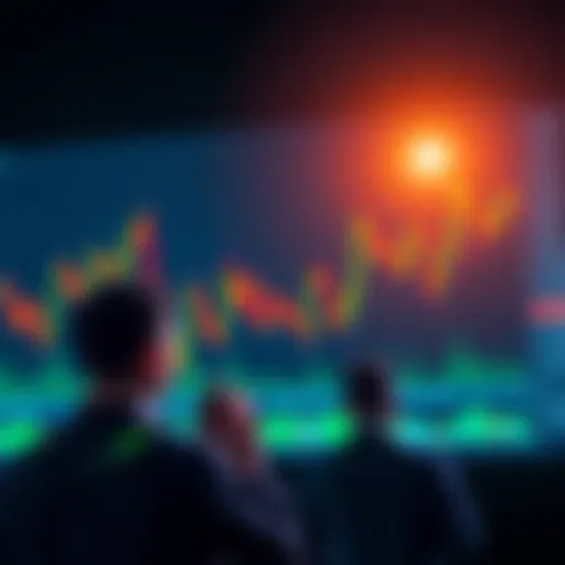 A stock market chart showing sharp fluctuations, illustrating the impact of short-term predictions on investor behavior, with worried investors watching the screen.