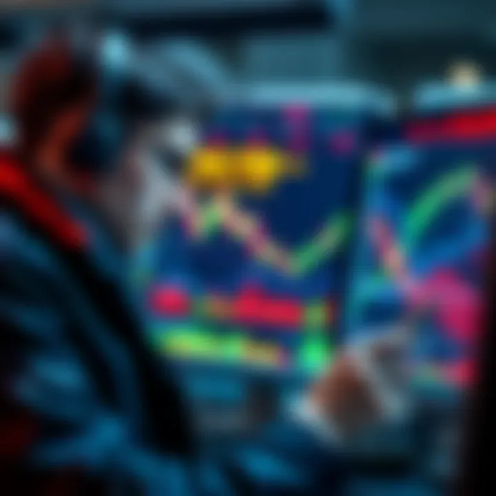 Market Trends and Max Pain Concept A trader analyzing stock charts with indicators reflecting Max Pain theory, showing market fluctuations and trends.