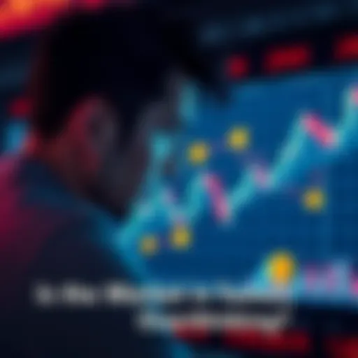 A worried person looking at a stock market chart displaying a downward trend, with Bitcoin symbols in the background