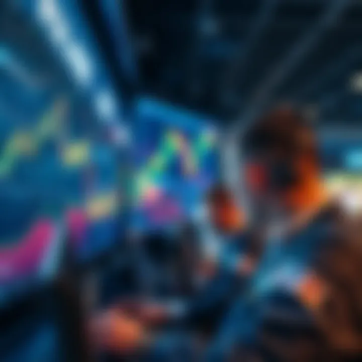 A stock market chart showing sharp fluctuations and price reversals, with traders looking concerned at their screens.