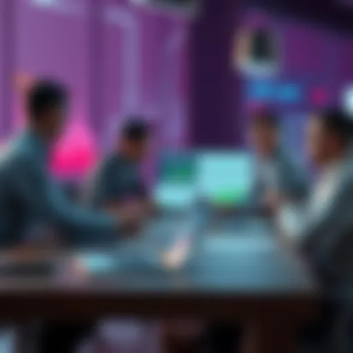 A team of people discussing strategies around a table with charts and laptops, focusing on DeFi derivatives exchange promotion.