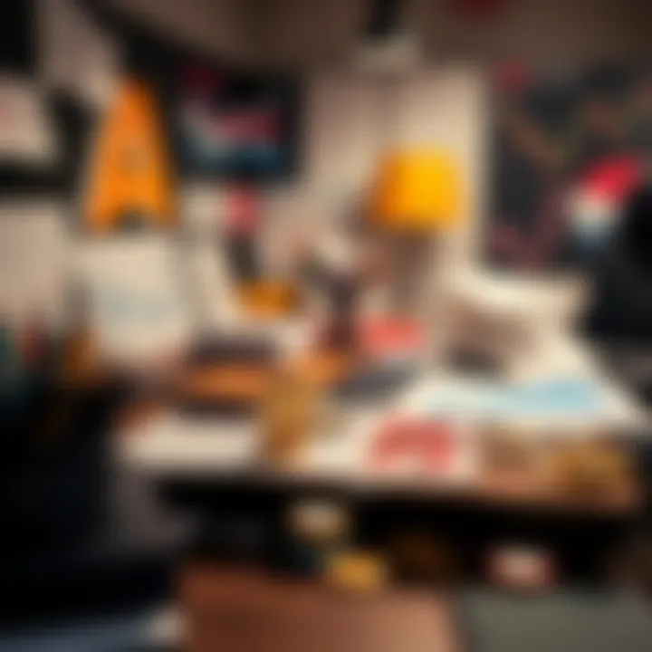 A creative workspace with marketing materials, charts, and cryptocurrency symbols, focusing on identity and prestige in promotion.