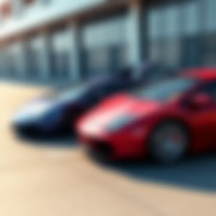 A Maserati Quattroporte parked next to a Lamborghini Countach, showcasing their distinct designs and colors.