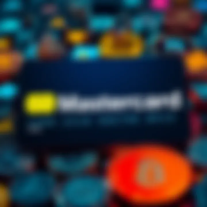 MasterCard logo with various cryptocurrency symbols in a digital format, showing its partnerships with crypto companies, excluding Hedera.