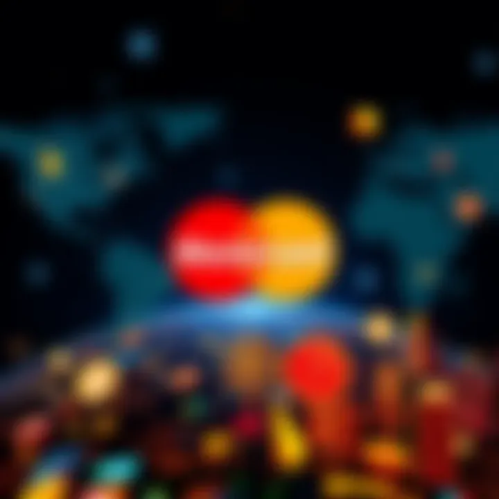 Mastercard logo with symbols of various crypto firms around the globe, representing collaboration in payments.