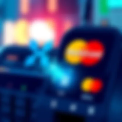 Illustration of Mastercard and Ripple logos with a digital machine making a transaction