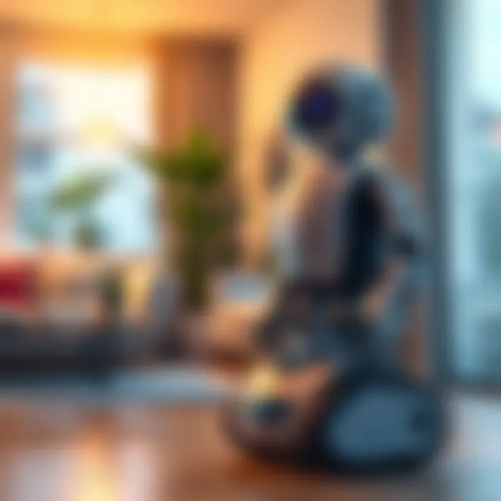 Matic Robot in a Living Room A Matic Robot in a cozy living room setting, surrounded by furniture and a potted plant, showcasing its design and functionality.