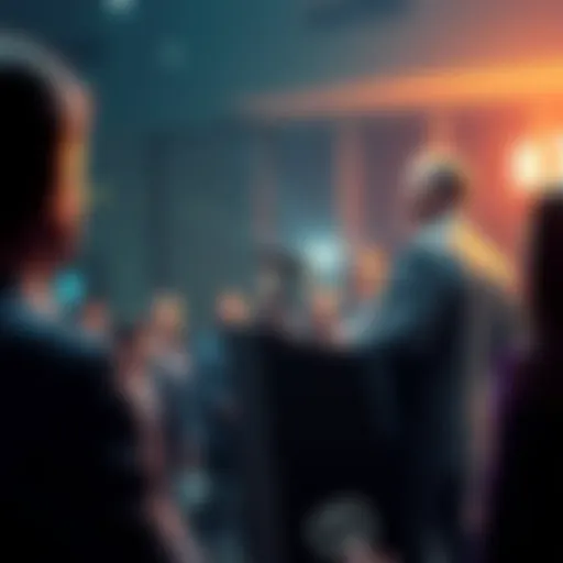 Max Kaiser speaking at a podium promoting services, surrounded by eager listeners, highlighting the shilling trend in 2025.