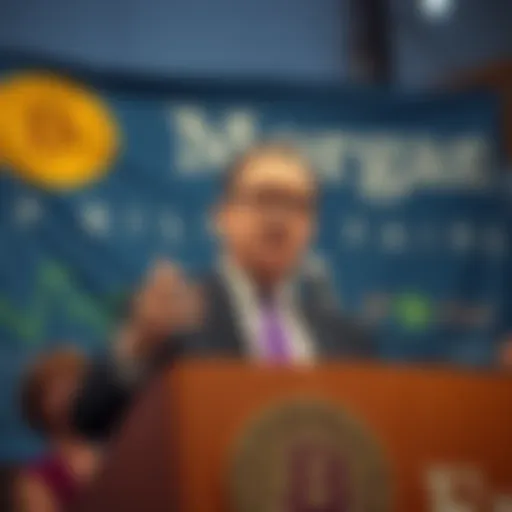 Max Keiser at a podium speaking about Bitcoin and banking issues, with a banner in the background showing a boycott against JP Morgan.