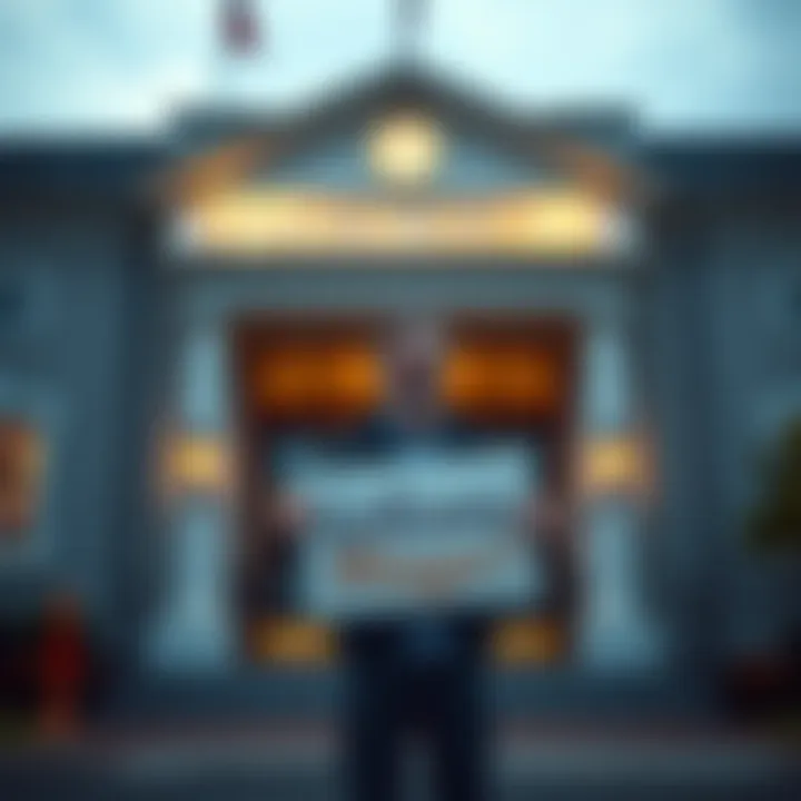 A new mayor proudly stands outside the town hall, smiling and holding a sign that reads 'Welcome Mayor!'