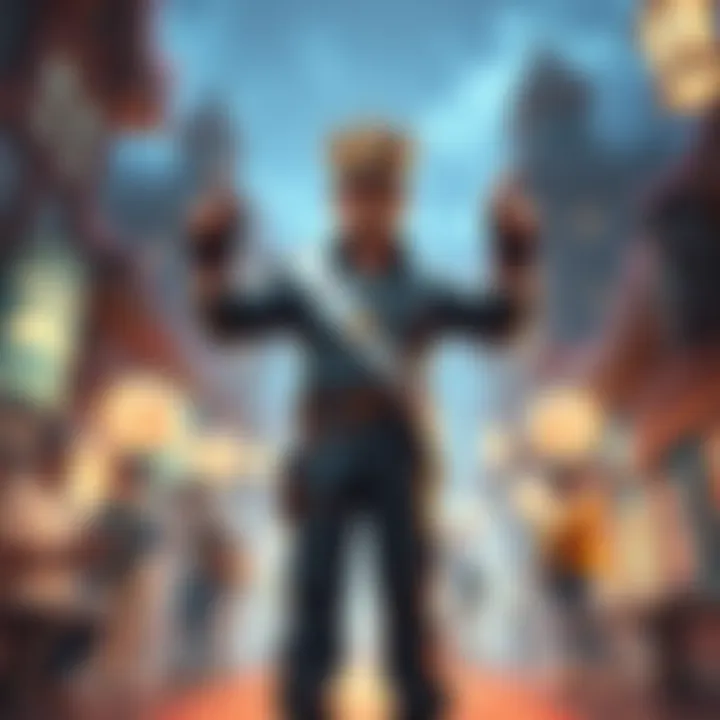 A character wearing a mayor's sash proudly standing in a game environment, surrounded by players engaging with town features.