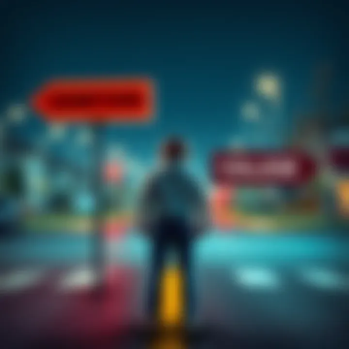 A person standing at a crossroads with signs pointing to 'Hometown' and 'College Town'.