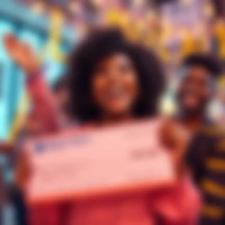 A joyful person holding a check for a mayor payout with friends celebrating around.