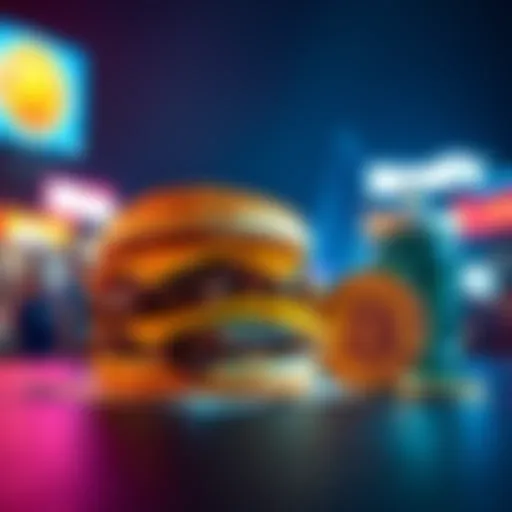 A McRib sandwich next to symbols representing Bitcoin, highlighting the correlation between the sandwich's return and Bitcoin price surges.