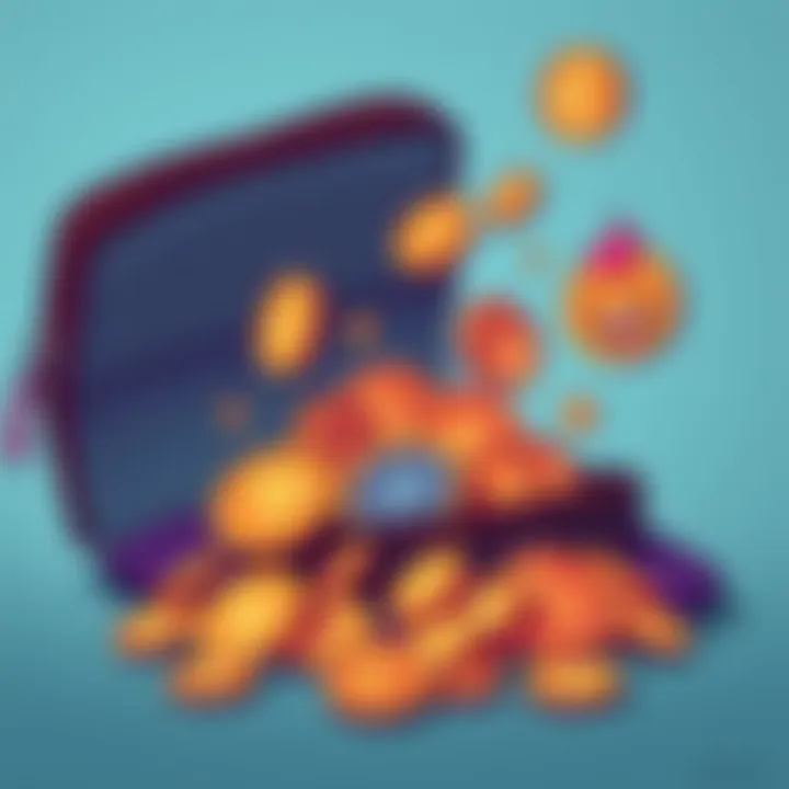 An illustration showing various meme coins rapidly disappearing from a digital wallet, symbolizing losses on the Solana blockchain. Coins have fun, cartoonish designs to represent meme culture.