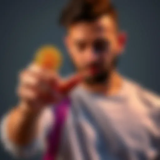 A person considering the exchange of meme coins for Bitcoin, holding coins in one hand and Bitcoin symbol in the other.