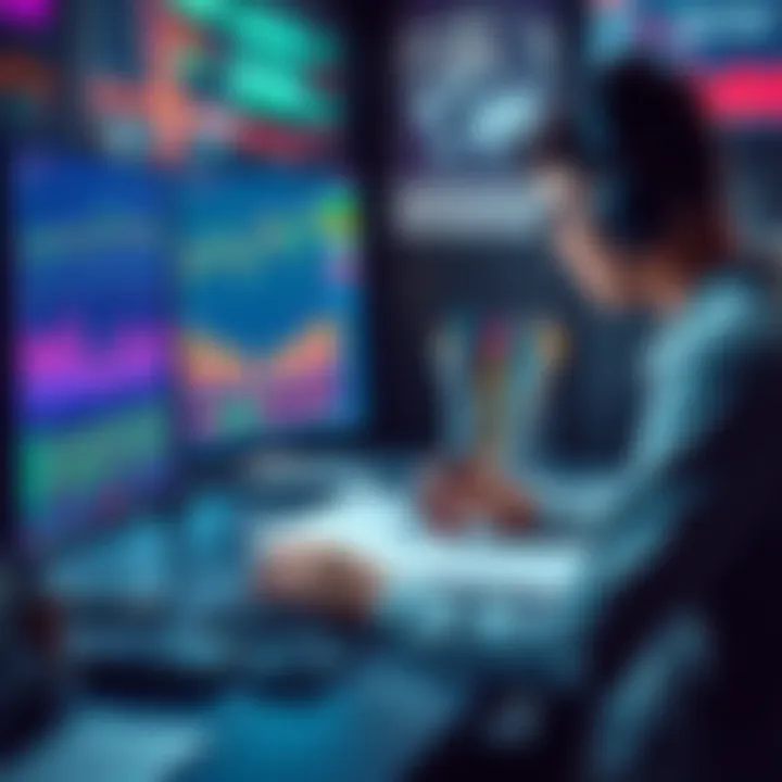 A person sitting at a computer, drafting a plan for a new meme coin, with colorful charts and digital graphics on the screen.