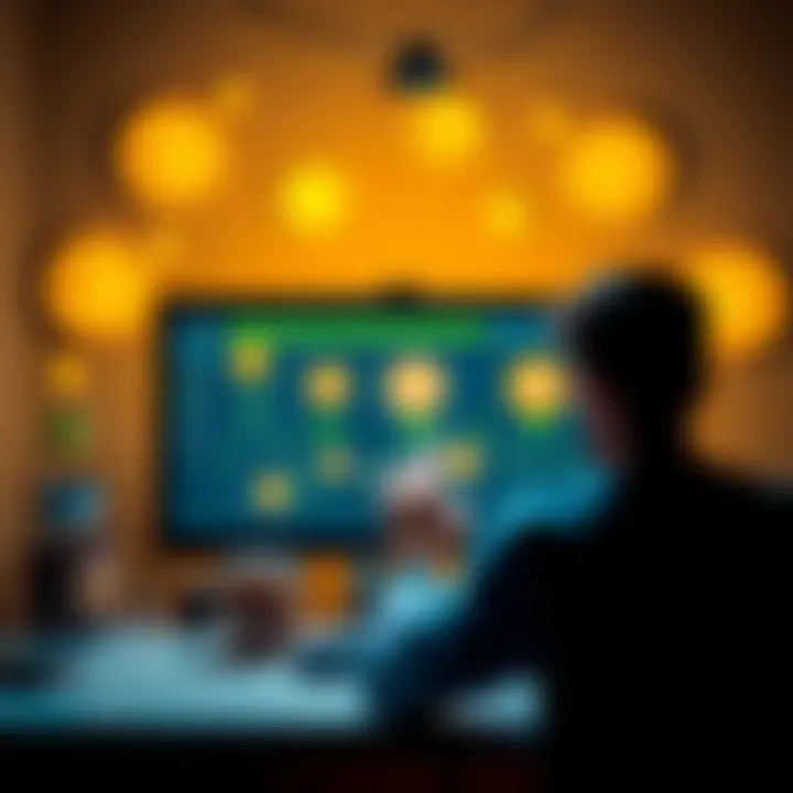 A person analyzing different meme coins on a computer screen, surrounded by cryptocurrency symbols and a charitable donation jar.