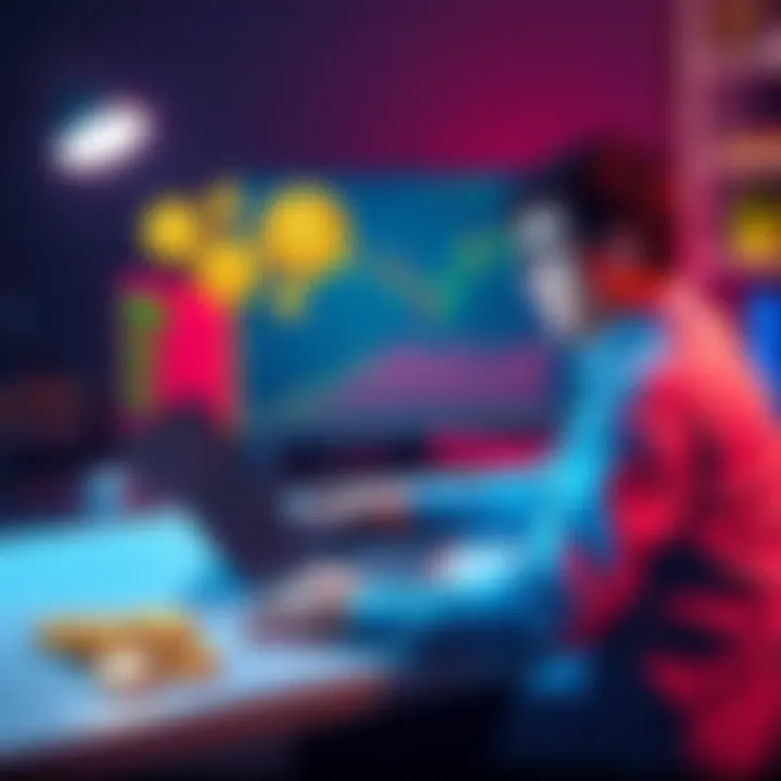 A person sitting at a desk looking confused while comparing meme coins and Bitcoin charts on a laptop.