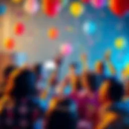 A colorful graphic featuring people sharing funny memes at a party, with balloons and confetti in the background.