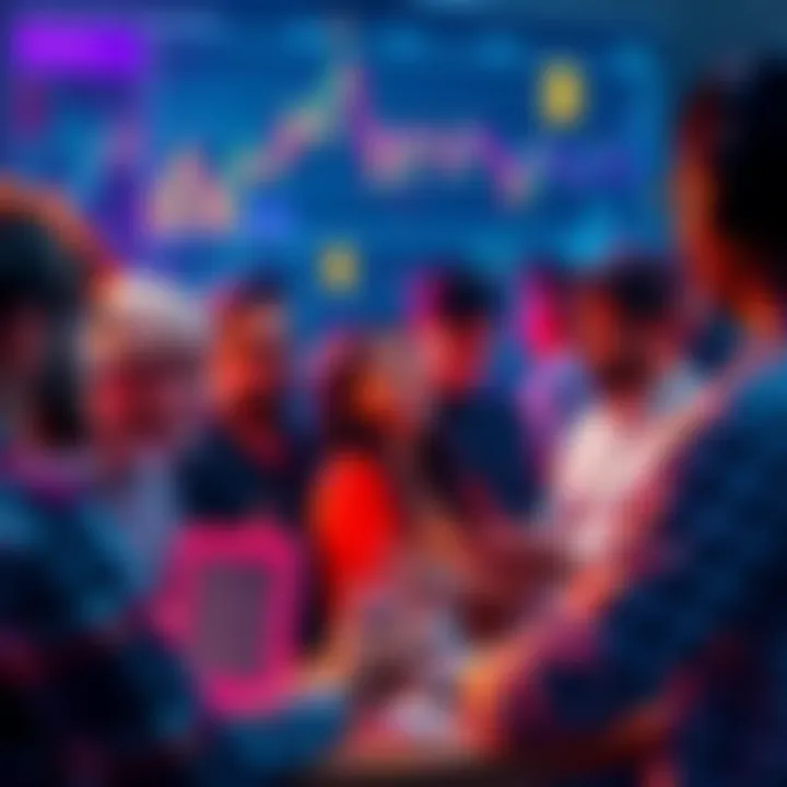A group of diverse people engaging in lively discussion about memecoins, with charts and digital currency symbols in the background.