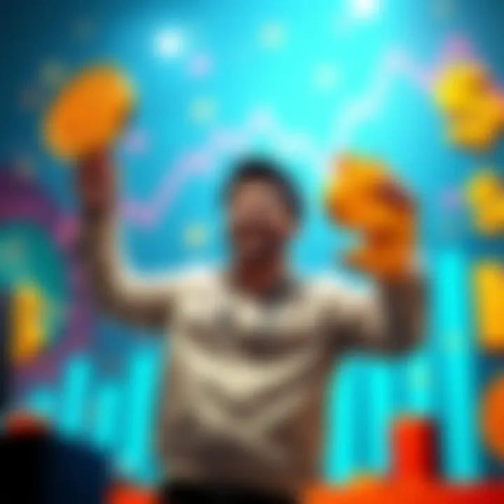 A cheerful developer holding a large token symbol, celebrating a financial milestone with charts and dollar signs in the background.