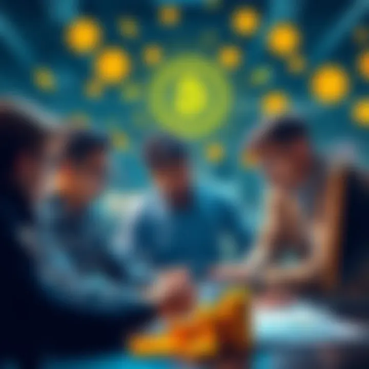 Memecoin Developers at Work A group of young developers brainstorming ideas for memecoins, surrounded by charts and digital currency symbols.