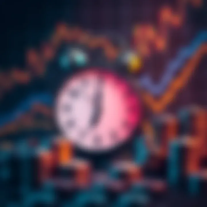 A clock showing the time close to midnight, symbolizing urgency in memecoin investments, with a background of rising financial graphs and coins.