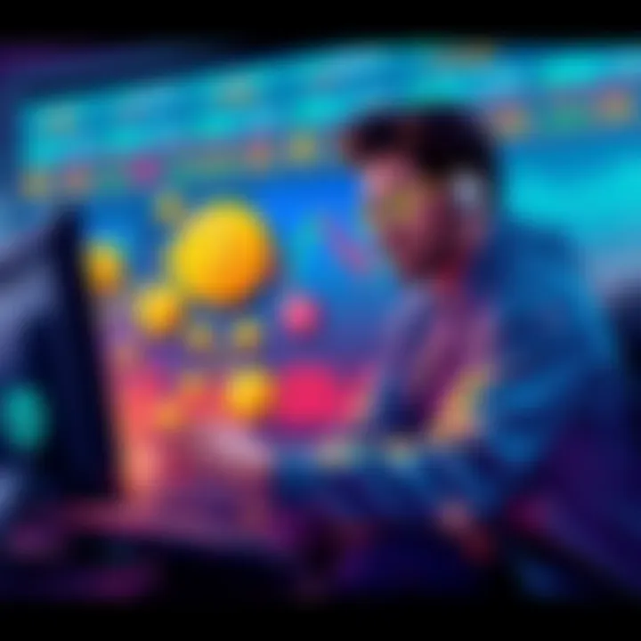 Illustration of various memecoins with trader analyzing market trends on a digital screen