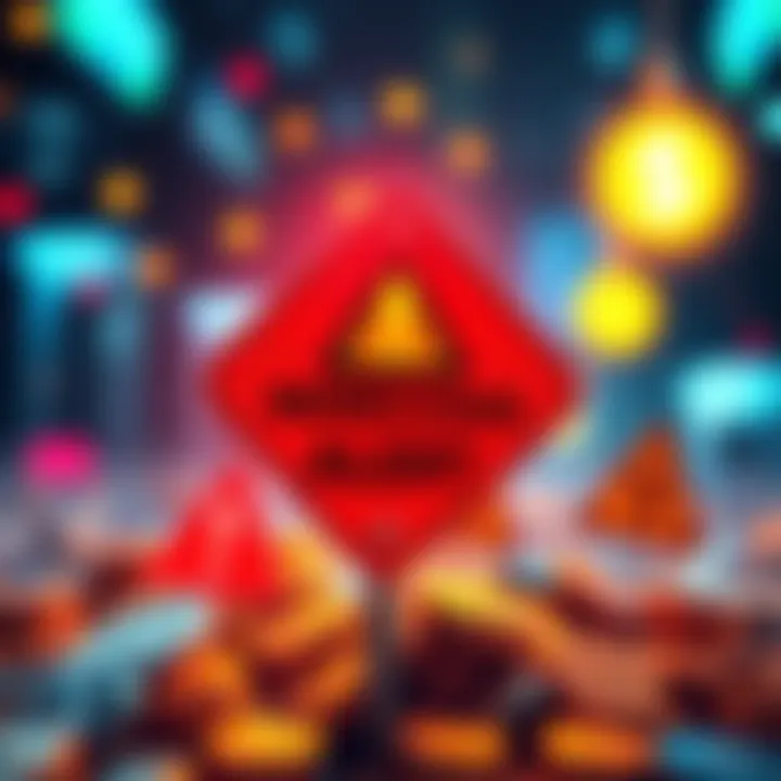 A warning sign about memecoins with icons representing cryptocurrency, dollar signs, and caution symbols in a digital style