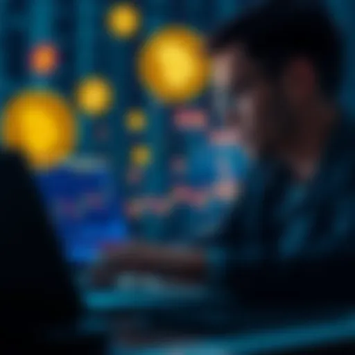 A person analyzing memecoins charts on a laptop, surrounded by digital currency symbols, with a thoughtful expression.