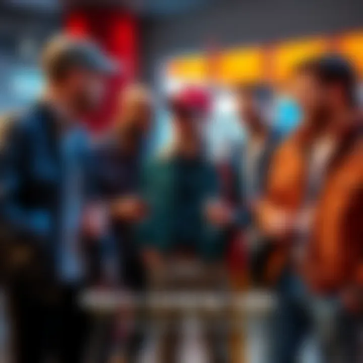 A group of men showcasing various current fashion styles and accessories in a casual setting, discussing recent trends.