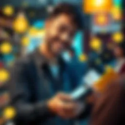 A merchant smiling while using a card reader to accept payment, surrounded by digital currency icons to represent crypto alternatives, with customers in the background