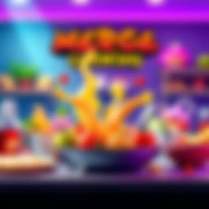 A vibrant game scene from Merge Cooking featuring colorful food items merging together.