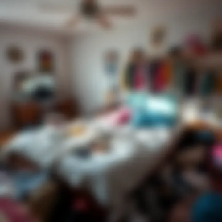 A cluttered bedroom featuring an unmade bed surrounded by scattered clothes and items, showcasing the chaos of home life.