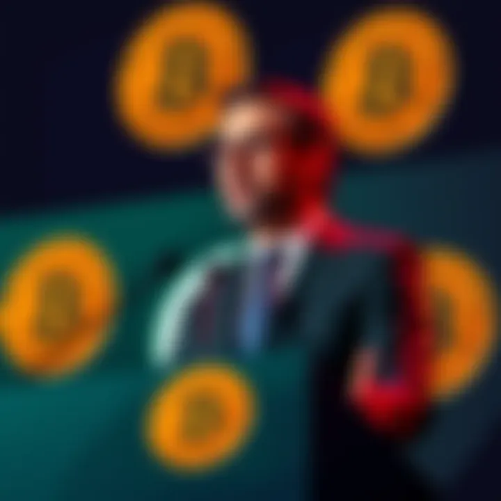 Michael Saylor speaking at a podium with Bitcoin logos in the background