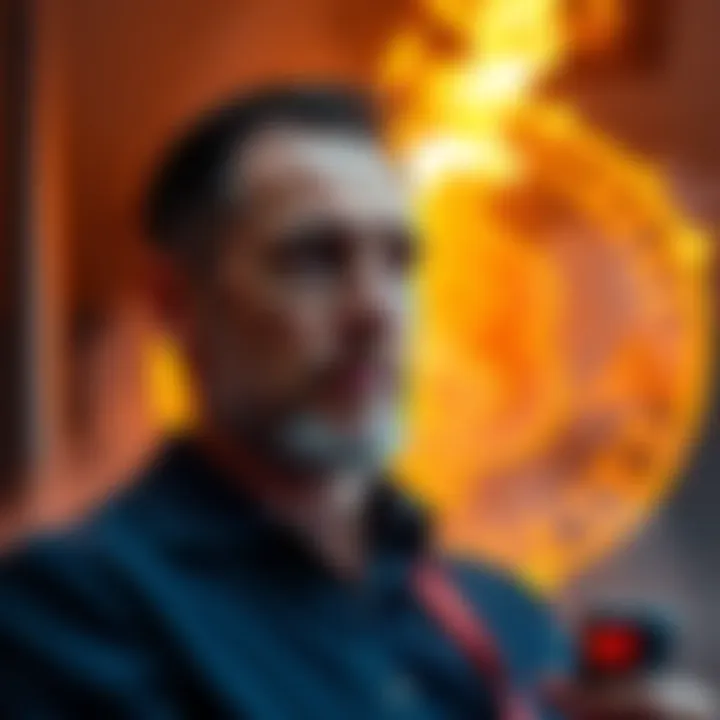 Michael Saylor planning the future of his Bitcoin fortune with a burning symbol in the background