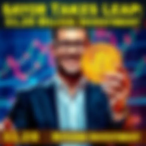 Michael Saylor smiling confidently while holding a Bitcoin symbol, with financial charts in the background