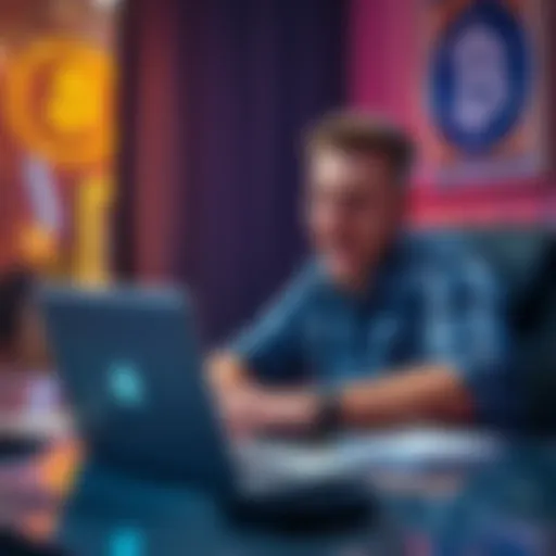 Michael Saylor sitting at a desk with a laptop, looking excited while tweeting about a potential Bitcoin purchase