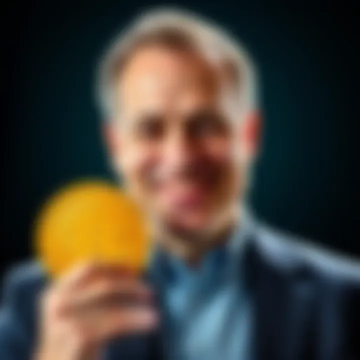 Michael Saylor with Bitcoin symbol Michael Saylor smiling, holding a Bitcoin symbol, hinting at his next purchase