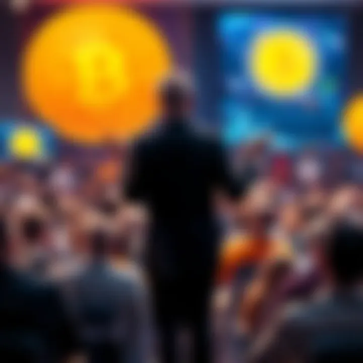 Michael Saylor speaks at a conference about Bitcoin, with a divided audience in the background showing contrasting views on cryptocurrency.
